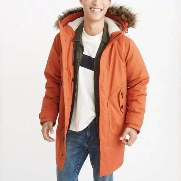 [L]Abercrombie & Fitch Orange Red M-51 Down Filled Parka Jacket Coat Sherpa Hood - Picture 1 of 7
